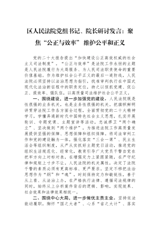 区人民法院党组书记、院长研讨发言：聚焦“公正与效率” 维护公平和正义.docx