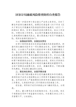 区审计局廉政风险排查防控自查报告.docx