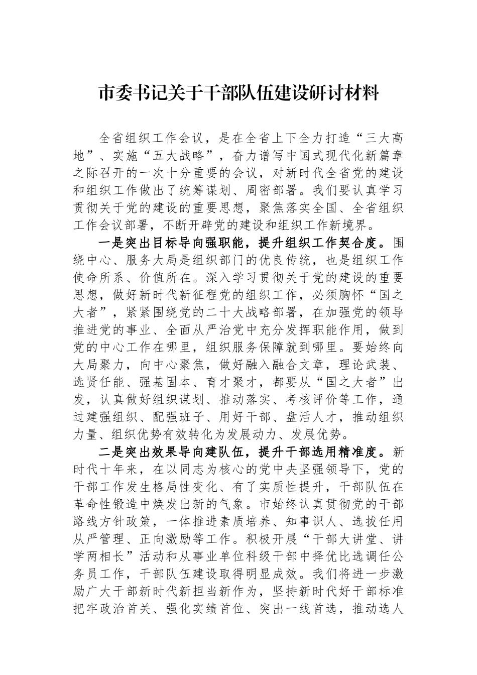 市委书记关于干部队伍建设研讨材料.docx_第1页