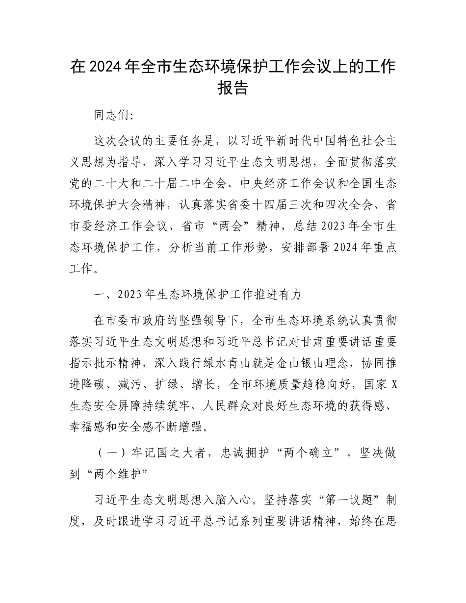 在2024年全市生态环境保护工作会议上的工作报告.docx_第1页