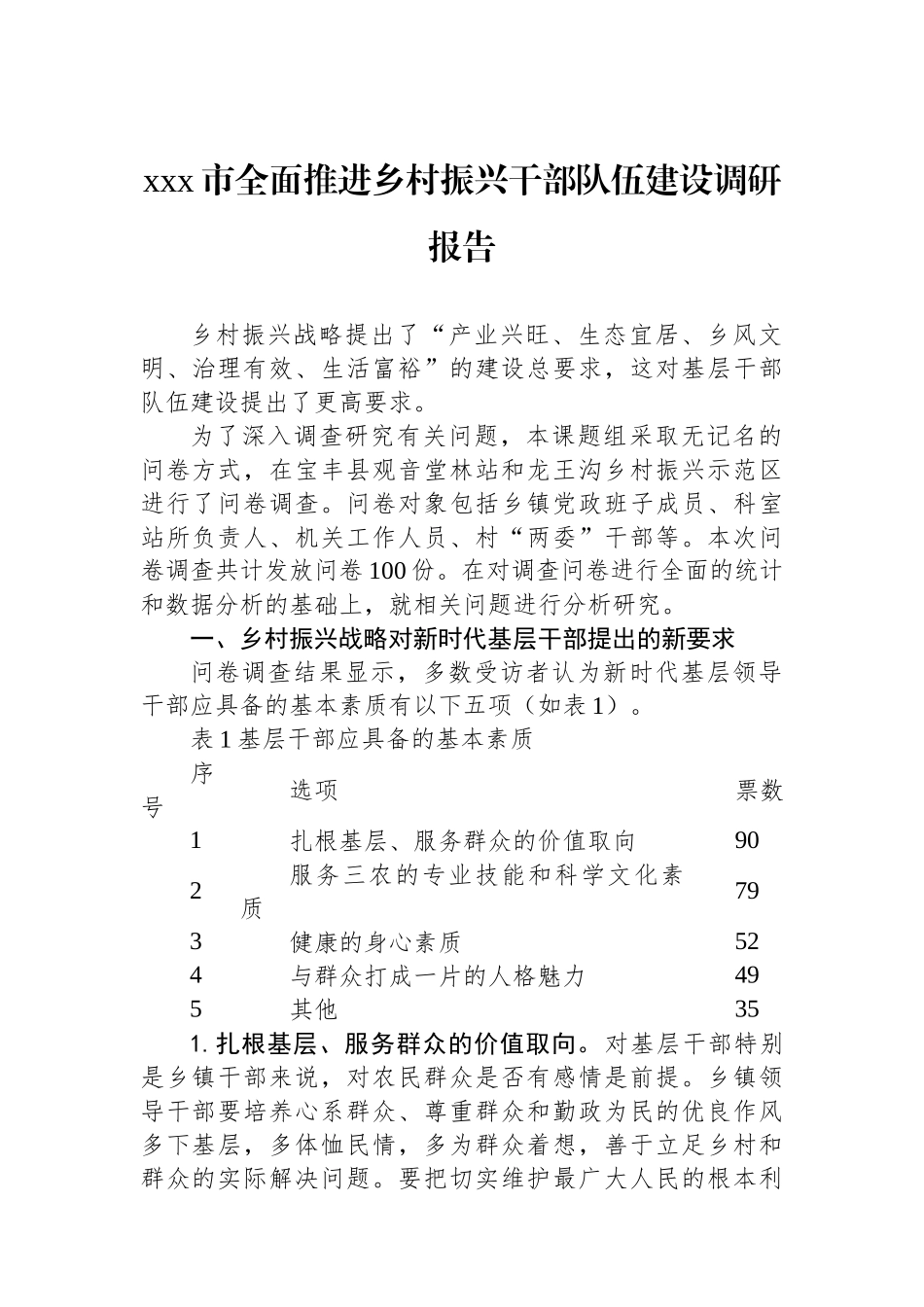 xxx市全面推进乡村振兴干部队伍建设调研报告.docx_第1页