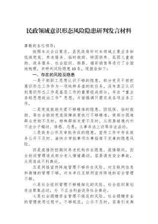 民政领域意识形态风险隐患研判发言材料.docx