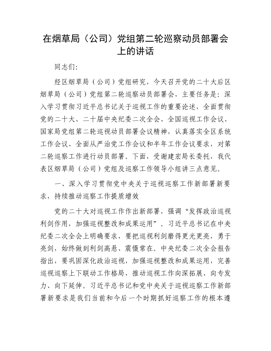 在烟草局（公司）党组第二轮巡察动员部署会上的讲话.docx_第1页