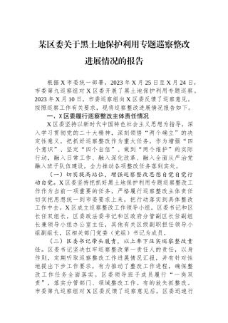 某区委关于黑土地保护利用专题巡察整改进展情况的报告.docx