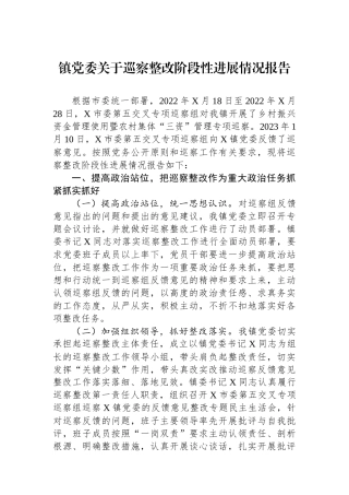 镇党委关于巡察整改阶段性进展情况报告.docx