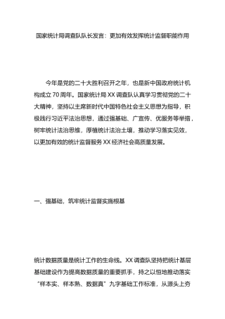 国家统计局调查队队长发言：更加有效发挥统计监督职能作用.docx