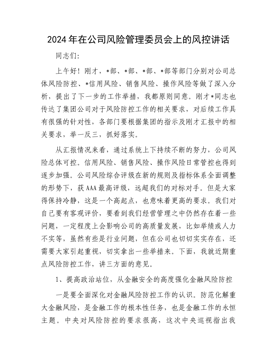 2024年在公司风险管理委员会上的风控讲话.docx_第1页