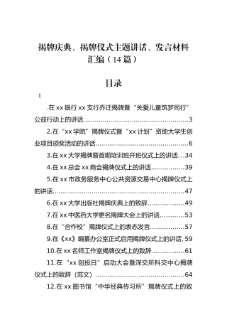 揭牌庆典、揭牌仪式主题讲话、发言材料汇编（14篇）.docx