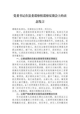 党委书记在县委巡察组巡察反馈会上的表态发言.docx