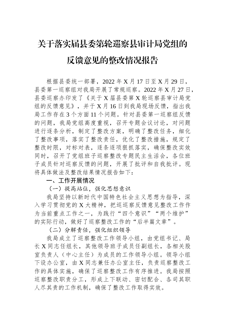 关于落实届县委第轮巡察县审计局党组的反馈意见的整改情况报告.docx_第1页