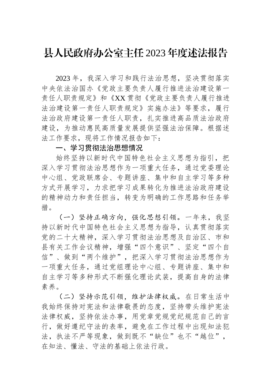 县人民政府办公室主任2023年度述法报告.docx_第1页