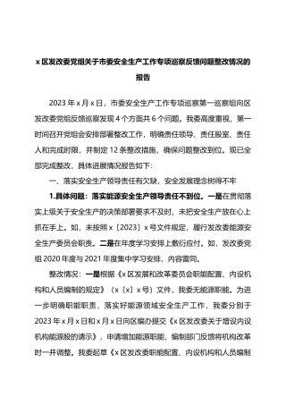 X区发改委党组关于市委安全生产工作专项巡察反馈问题整改情况的报告.docx