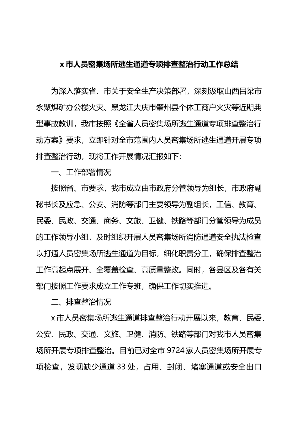 X市人员密集场所逃生通道专项排查整治行动工作总结.docx_第1页