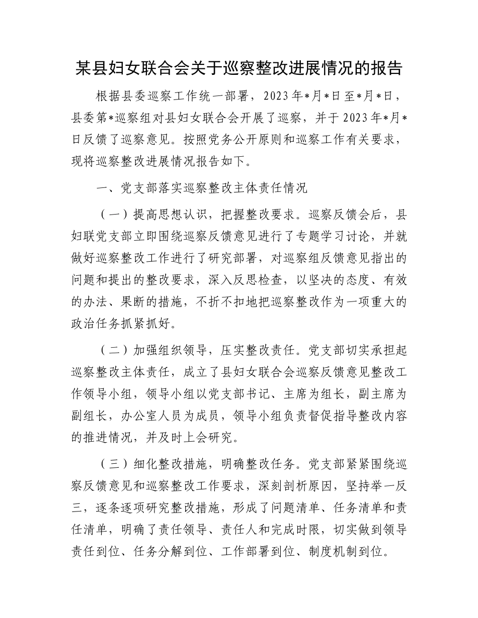 某县妇女联合会关于巡察整改进展情况的报告.docx_第1页