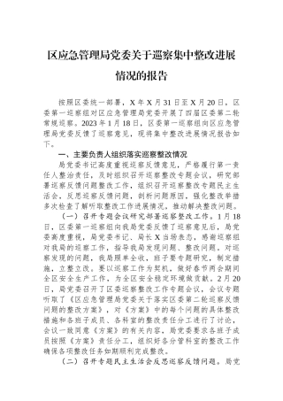 区应急管理局党委关于巡察集中整改进展情况的报告.docx