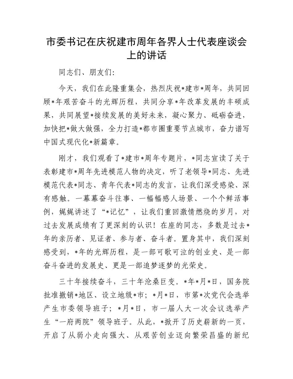 市委书记在庆祝建市周年各界人士代表座谈会上的讲话.docx_第1页