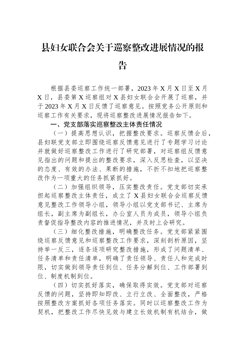 县妇女联合会关于巡察整改进展情况的报告.docx_第1页