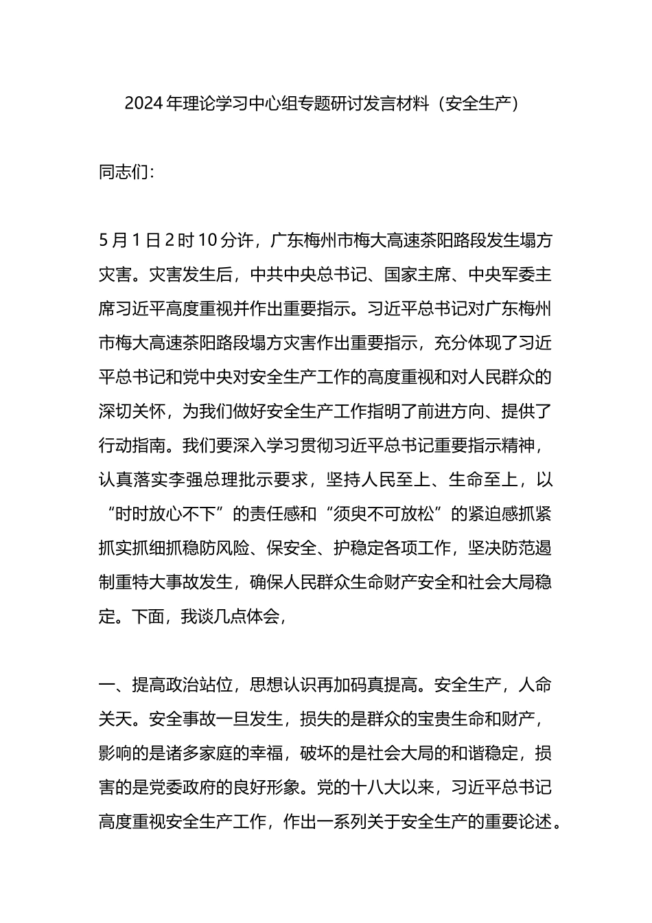 2024年理论学习中心组专题研讨发言材料（安全生产）.docx_第1页