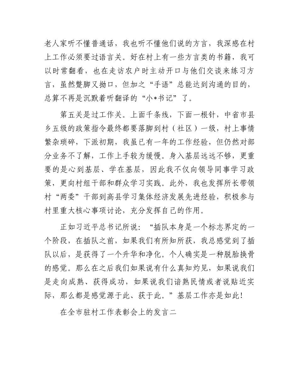 在全市驻村工作表彰会上的发言汇编6篇.docx_第3页