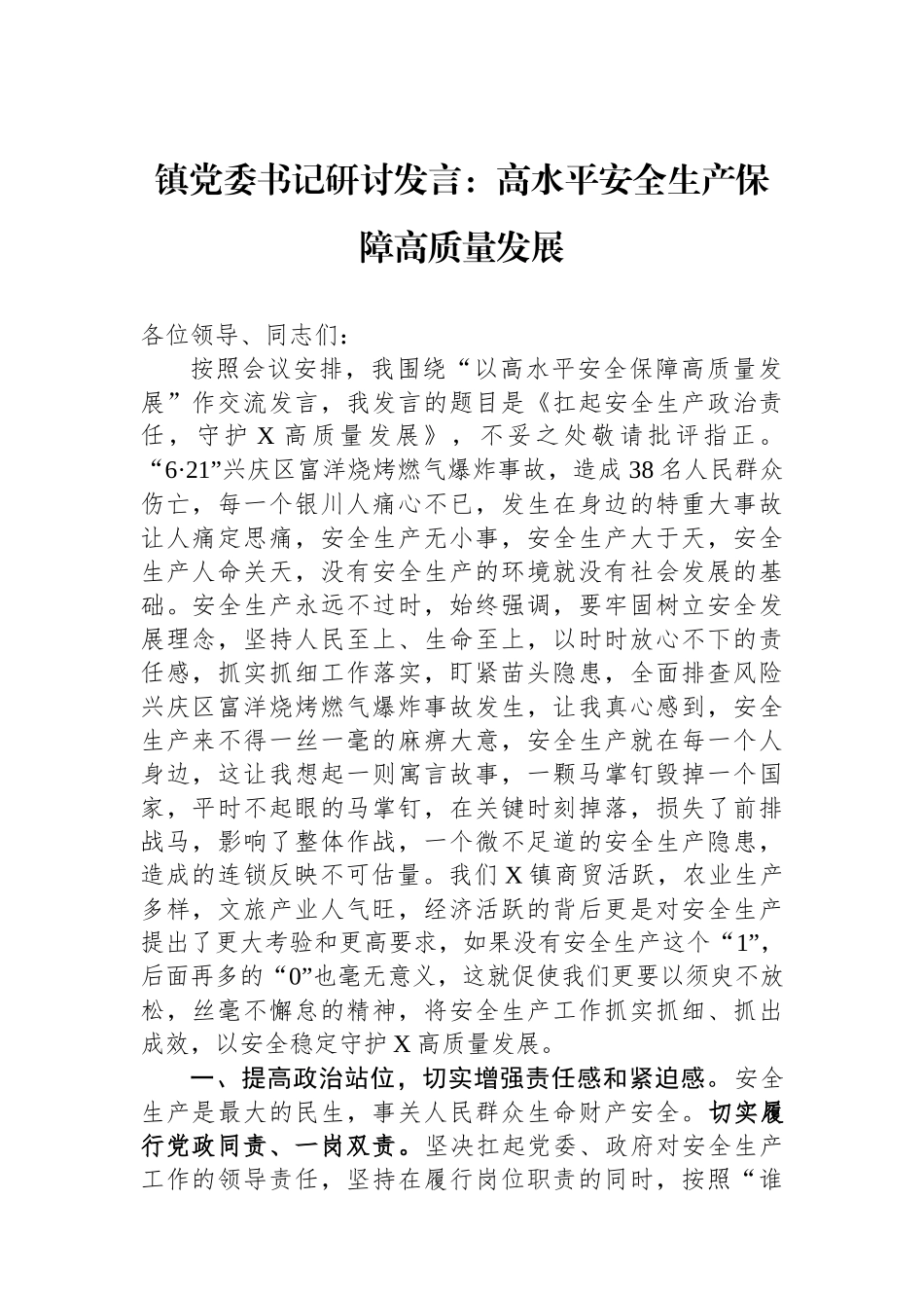 镇党委书记研讨发言：高水平安全生产保障高质量发展.docx_第1页