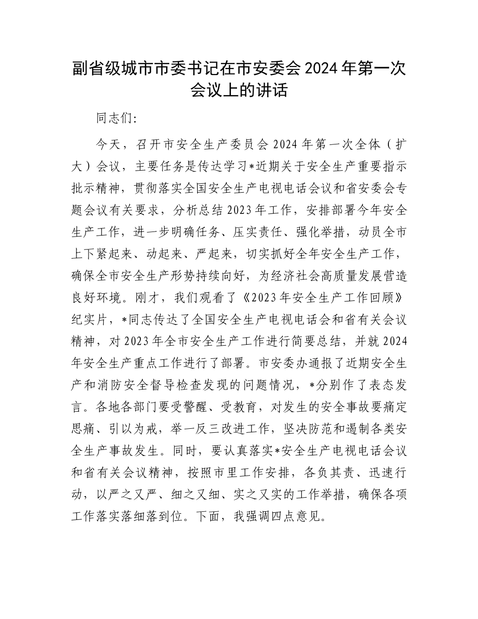 副省级城市市委书记在市安委会2024年第一次会议上的讲话.docx_第1页