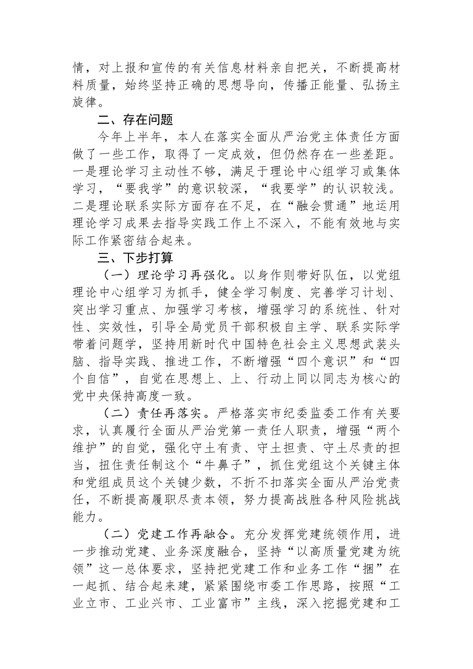 工信局长2024年上半年全面从严治党工作第一责任人履职情况报告.docx_第3页