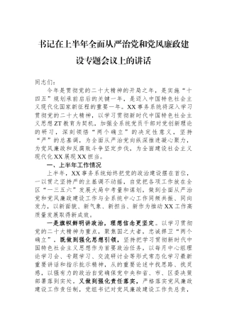书记在上半年全面从严治党和党风廉政建设专题会议上的讲话.docx