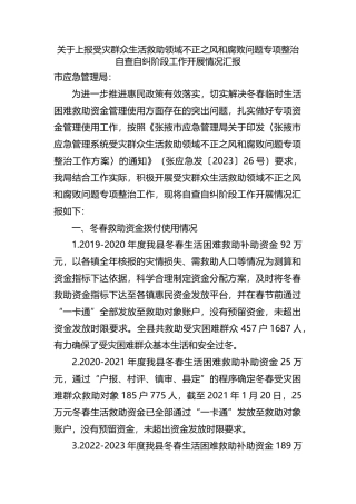 关于上报受灾群众生活救助领域不正之风和腐败问题专项整治自查自纠阶段工作开展情况汇报.docx