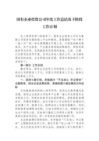 国有企业投资公司年度工作总结及下阶段工作计划.docx