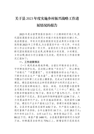 关于县2023年度实施乡村振兴战略工作进展情况的报告.docx