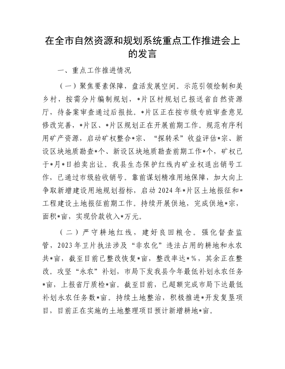 在全市自然资源和规划系统重点工作推进会上的发言.docx_第1页