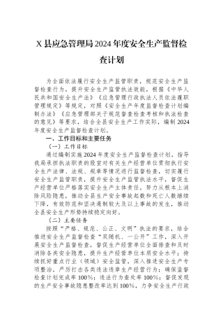 X县应急管理局2024年度安全生产监督检查计划.docx
