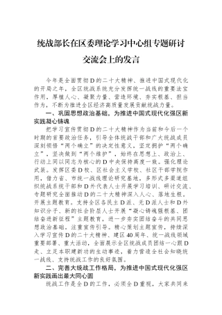 统战部长在区委理论学习中心组专题研讨交流会上的发言.docx