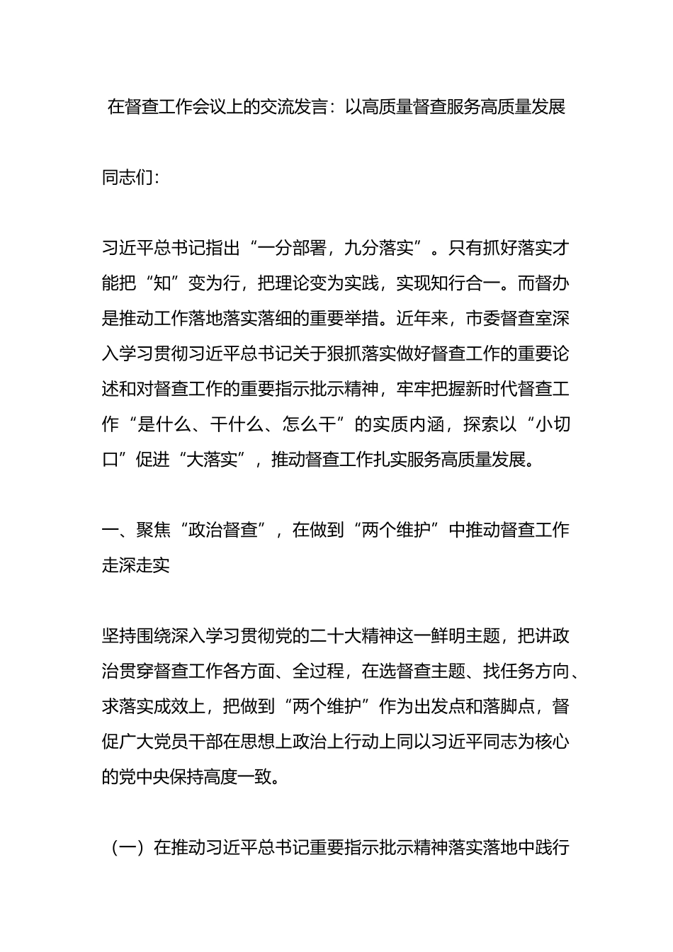 在督查工作会议上的交流发言：以高质量督查服务高质量发展.docx_第1页