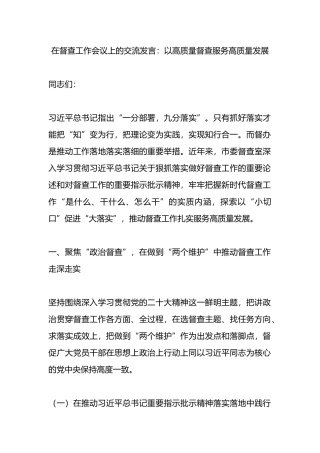 在督查工作会议上的交流发言：以高质量督查服务高质量发展.docx