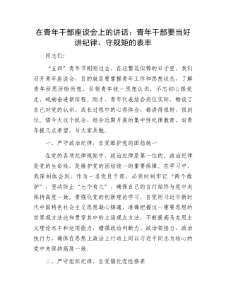 在青年干部座谈会上的讲话：青年干部要当好讲纪律、守规矩的表率.docx