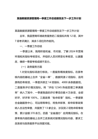 某县数据资源管理局一季度工作总结报告及下一步工作计划.docx