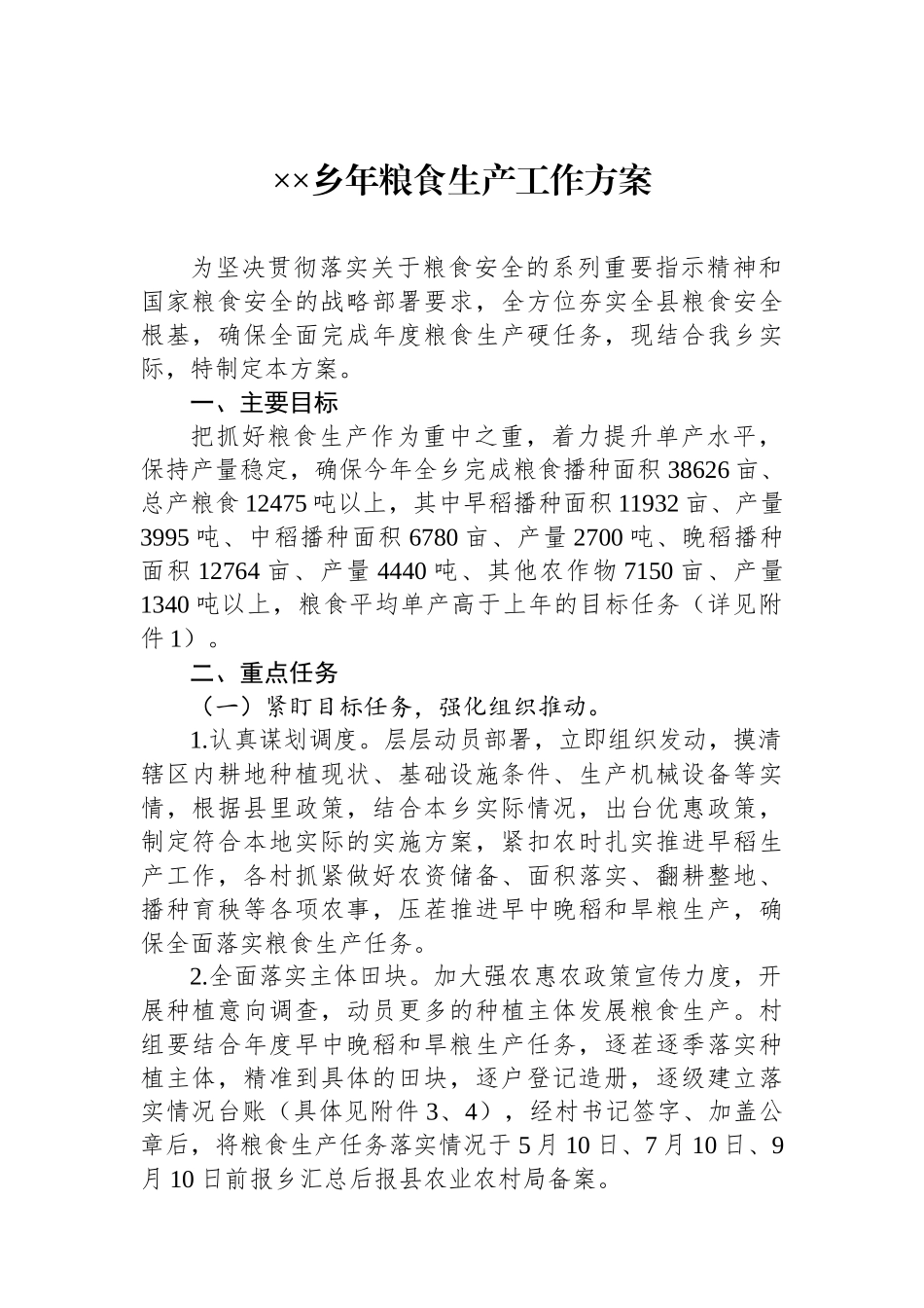 ××乡年粮食生产工作方案.docx_第1页