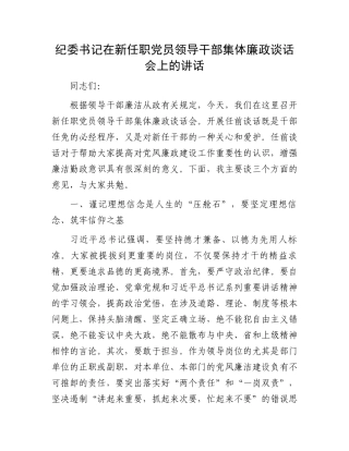 纪委书记在新任职党员领导干部集体廉政谈话会上的讲话.docx