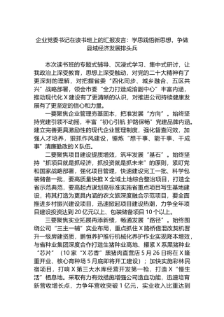 企业党委书记在读书班上的汇报发言：学思践悟新思想，争做县域经济发展排头兵.docx