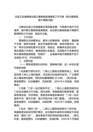全县卫生健康事业群众看病就医满意度工作方案（群众看病就医不满意问题）.docx