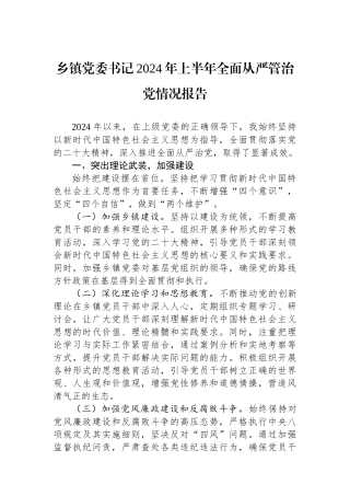 乡镇党委书记2024年上半年全面从严管治党情况报告.docx