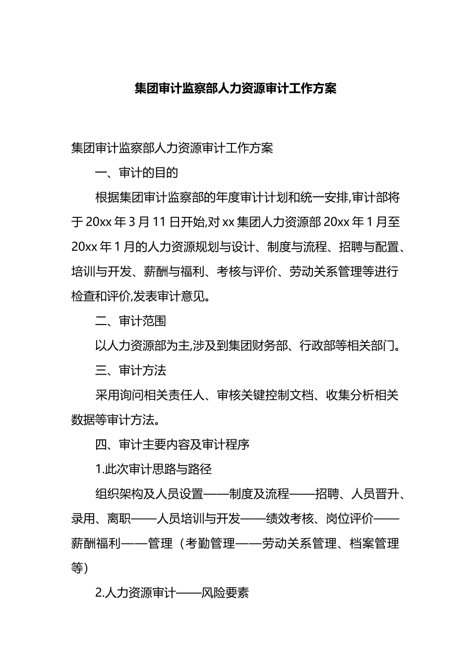 集团审计监察部人力资源审计工作方案.docx_第1页