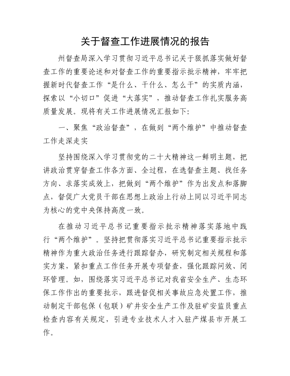 关于督查工作进展情况的报告.docx_第1页