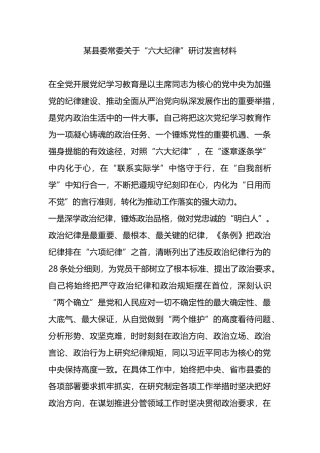 某县委常委关于“六大纪律”研讨发言材料.docx
