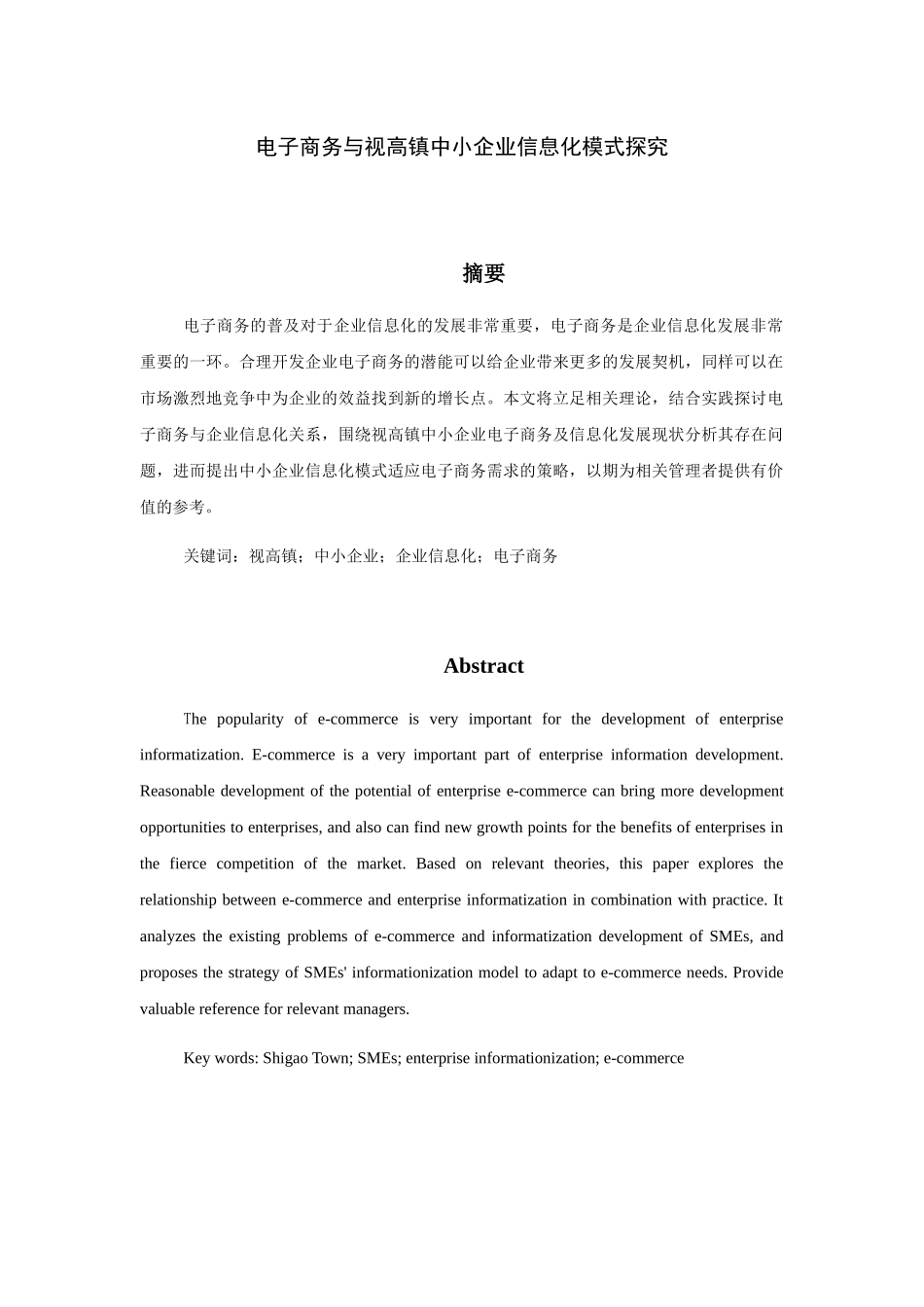 电子商务与视高镇中小企业信息化模式探究分析  工商管理专业_第1页