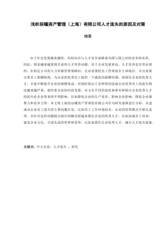 浅析辰曜资产管理（上海）有限公司人才流失的原因及对策分析研究  工商管理专业