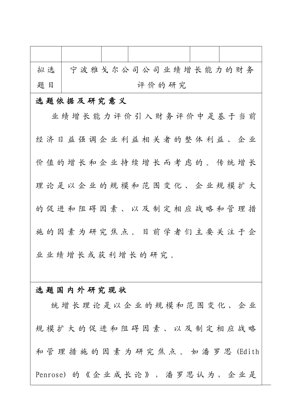 宁波雅戈尔公司公司业绩增长能力的财务评价的研究分析  开题报告_第1页