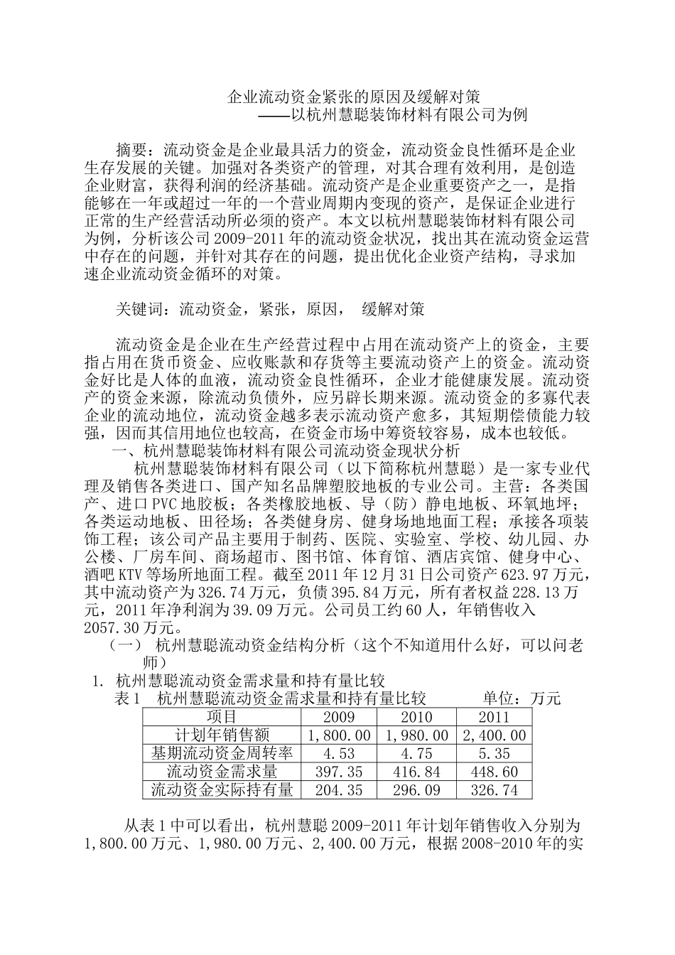 企业流动资金紧张的原因及缓解对策分析研究——以杭州慧聪装饰材料有限公司为例 财务管理专业_第1页