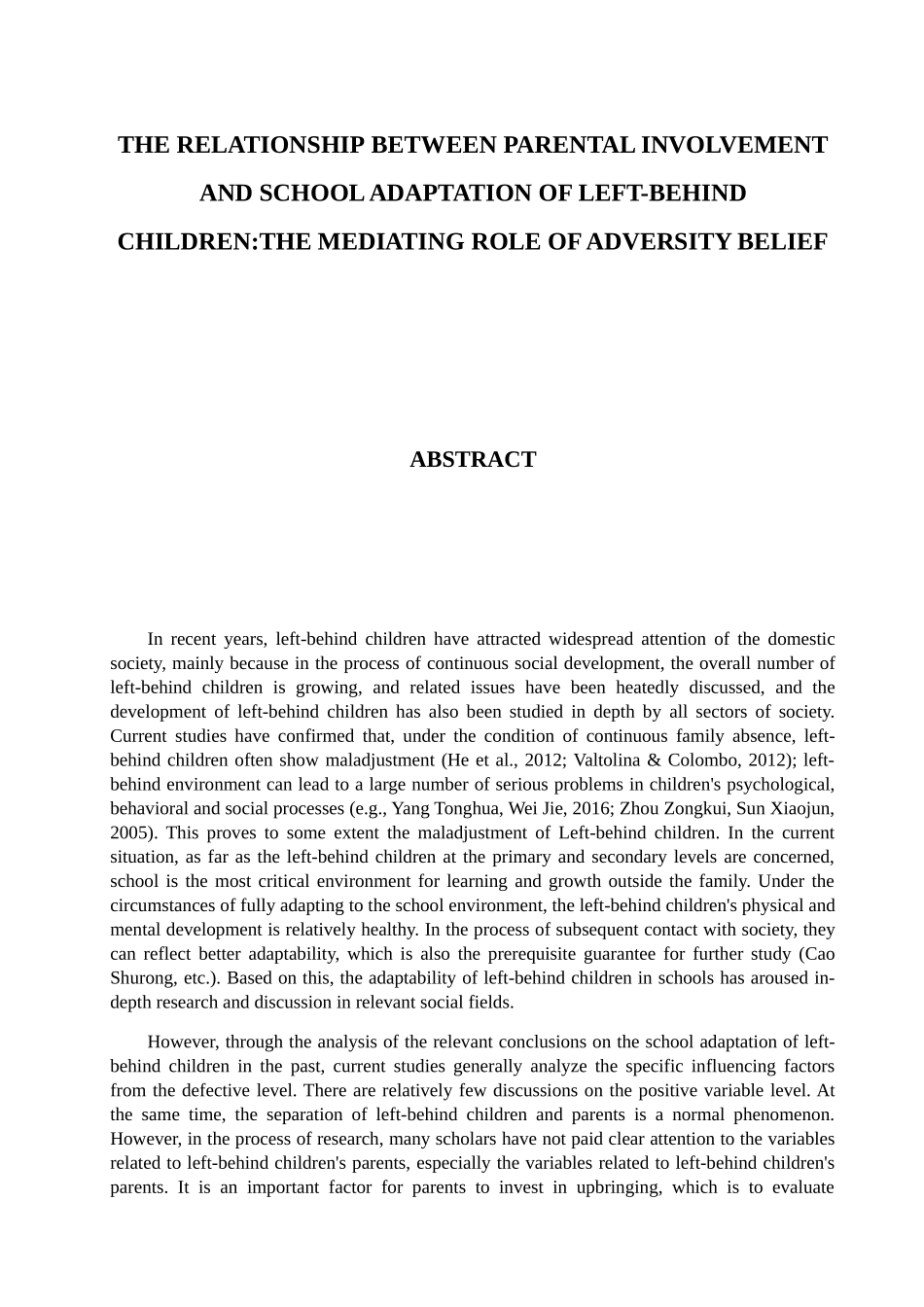 留守儿童父母教养投入与学校适应的关系：逆境 信念的中介作用分析研究  教育教学专业_第3页